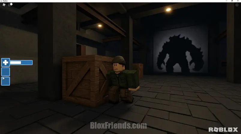 Screenshot do jogo Grimworks no Roblox mostrando um sobrevivente se escondendo de um assassino.