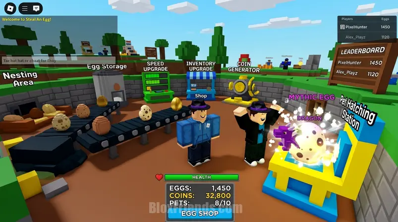 Captura de tela autêntica do jogo Steal An Egg no Roblox, mostrando a base de um jogador com um pet chocando de um ovo e estações de upgrade.