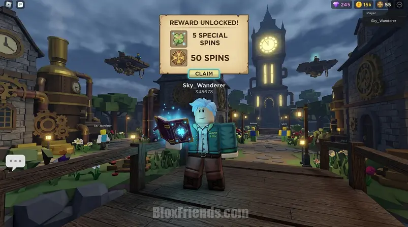 Roblox Clover Time game screenshot of a blocky avatar holding a grimoire with reward pop-up.