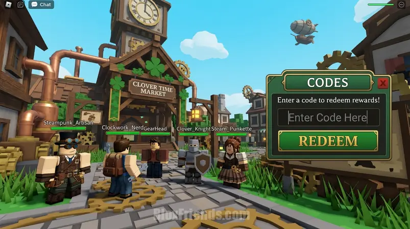 Roblox Clover Time game screenshot with codes redemption UI and blocky avatars.