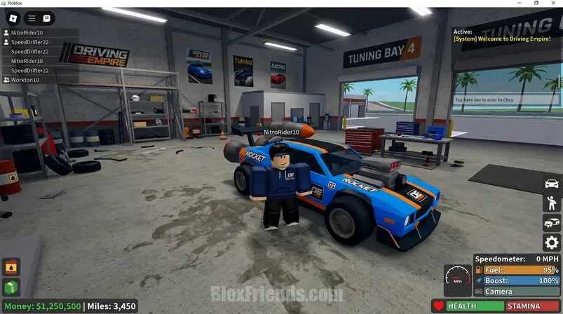 Screenshot do jogo Driving Empire no Roblox com um avatar blocky ao lado de um carro foguete exclusivo e kits de tuning.