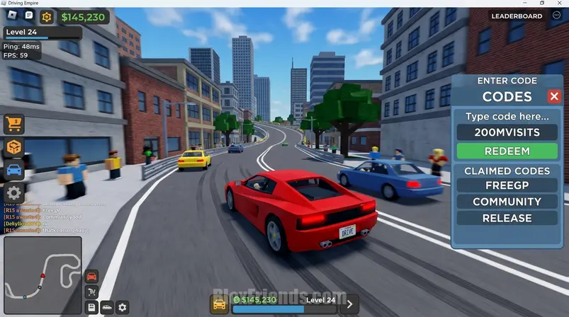 Screenshot do jogo Driving Empire no Roblox mostrando a interface de resgate de códigos com um carro esportivo ao fundo.