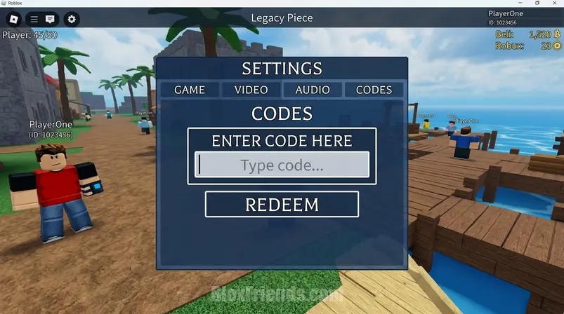 Interface de configurações de Legacy Piece no Roblox com a caixa "ENTER CODE" destacada.