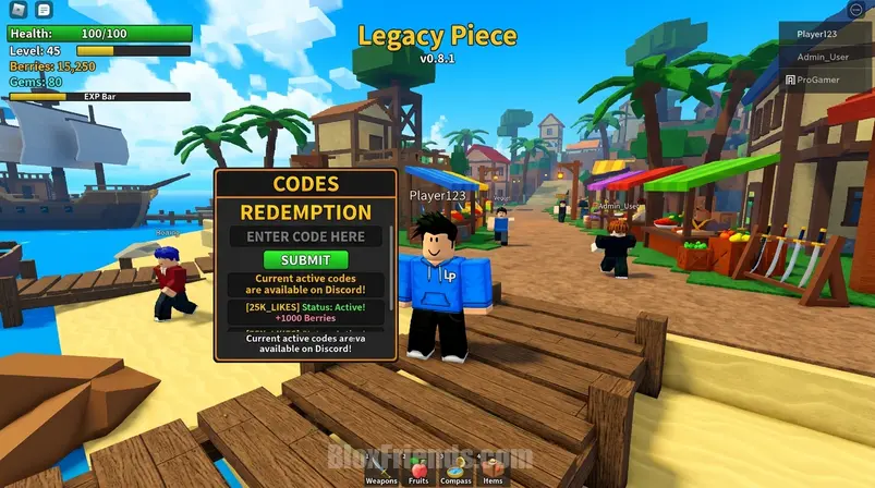 Captura de tela do jogo Legacy Piece no Roblox mostrando a interface de resgate de códigos com um personagem blocky.