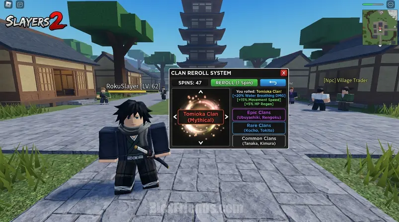 Screenshot de um personagem em Slayers 2 no Roblox rerolando seu clã com spins.