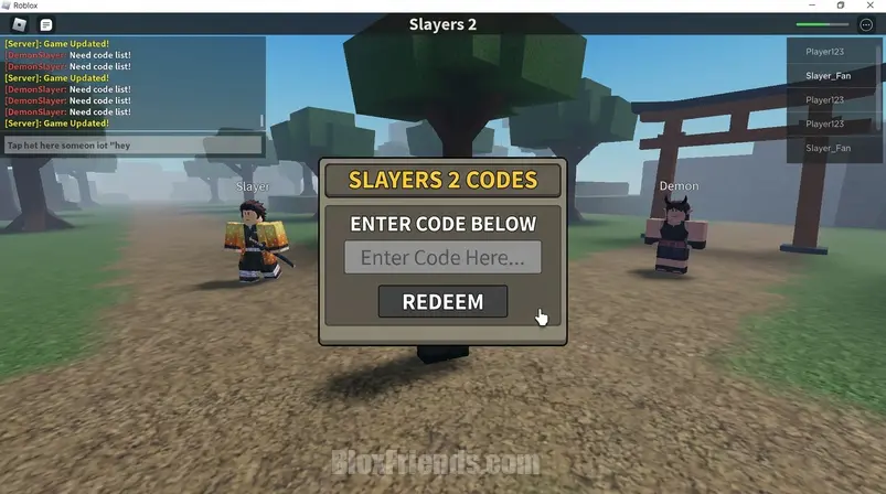 Screenshot do menu de códigos de Slayers 2 no Roblox com um personagem Slayer.