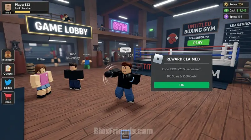 Screenshot do jogo Untitled Boxing Game no Roblox com um personagem blocky realizando um emote de vitória após resgatar um código, com uma notificação de recompensa.