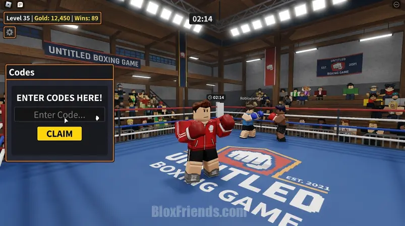 Screenshot do jogo Untitled Boxing Game no Roblox mostrando a tela de códigos com um personagem blocky no fundo da arena.