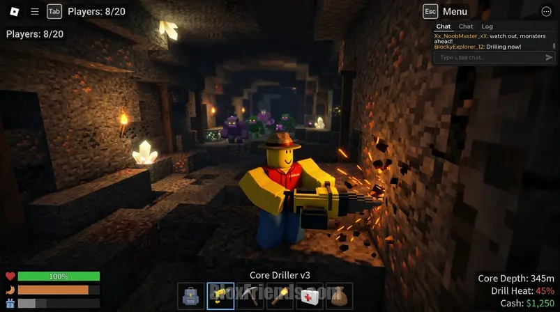 Close-up of a blocky Roblox character holding a drill in Drill to Earth's Core, with game UI elements visible.