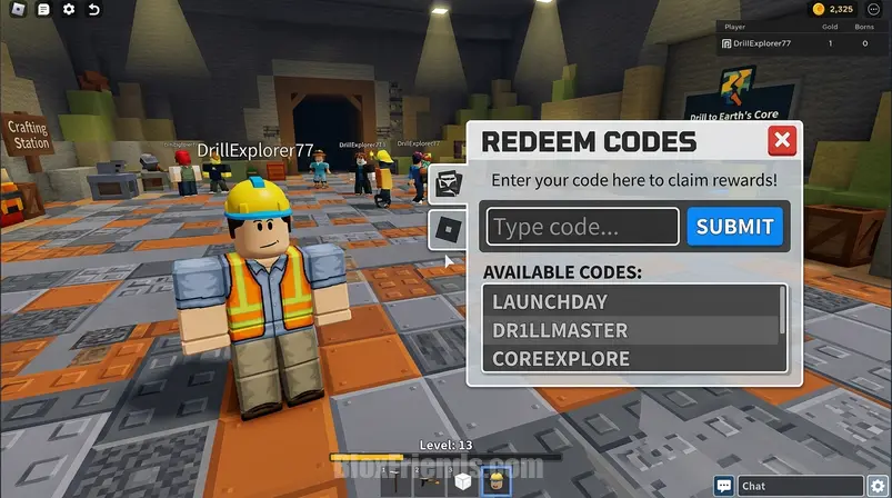 Screenshot of the 'Codes' redemption UI in Drill to Earth's Core on Roblox, showing a player character in the background.