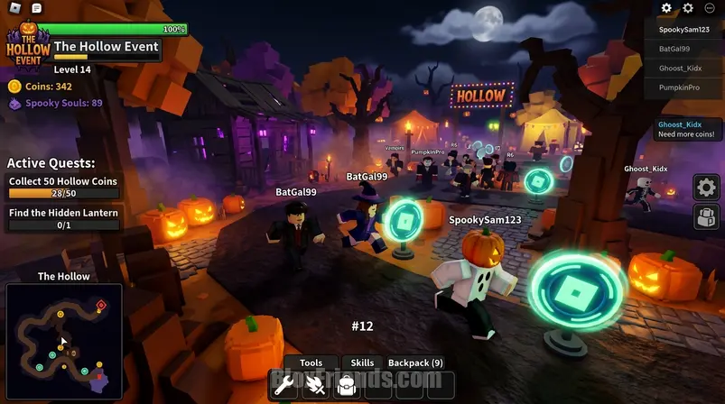 Screenshot do evento The Hollow no Roblox, mostrando personagens blocky em um mapa de Halloween com itens UGC.