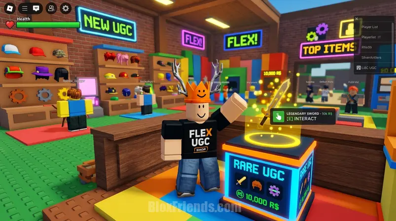 Avatar Roblox usando Silver Antlers e Orange Happy Crown no ambiente do jogo Flex UGC.