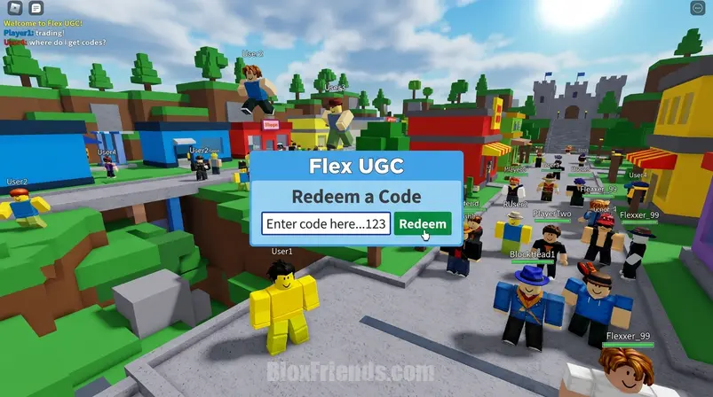Screenshot do menu de resgate de códigos no jogo Flex UGC no Roblox, com avatares blocky ao fundo.
